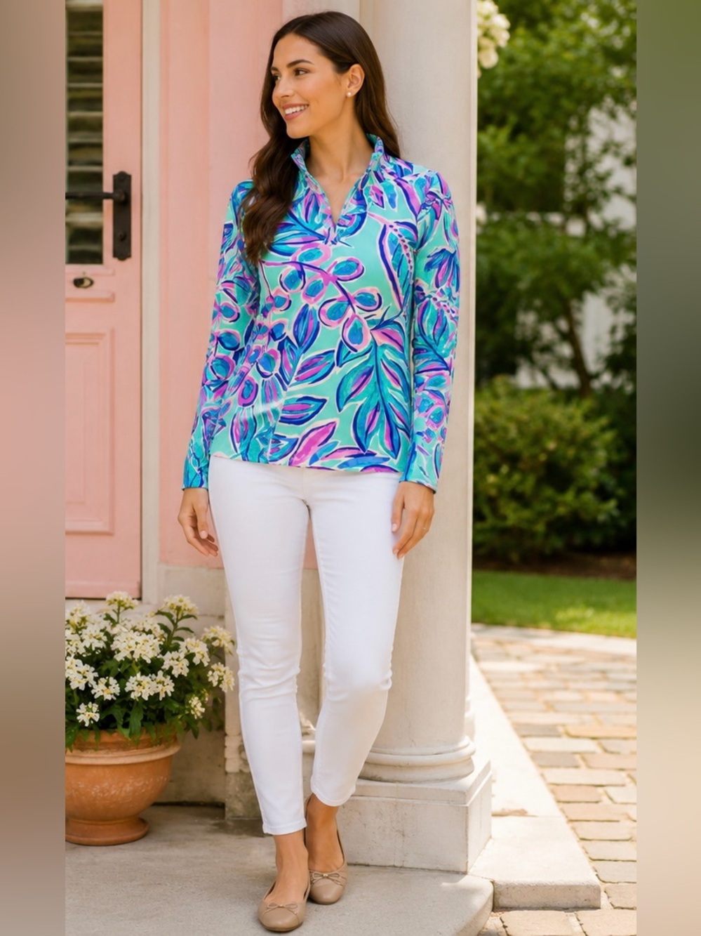 Aryeh Aqua & Pink Tropical Leaf Print Long Sleeve Top